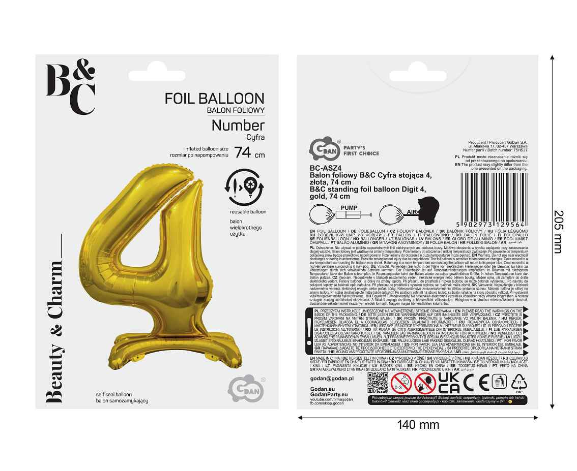 B&C standing foil balloon Digit 4, gold, 74 cm